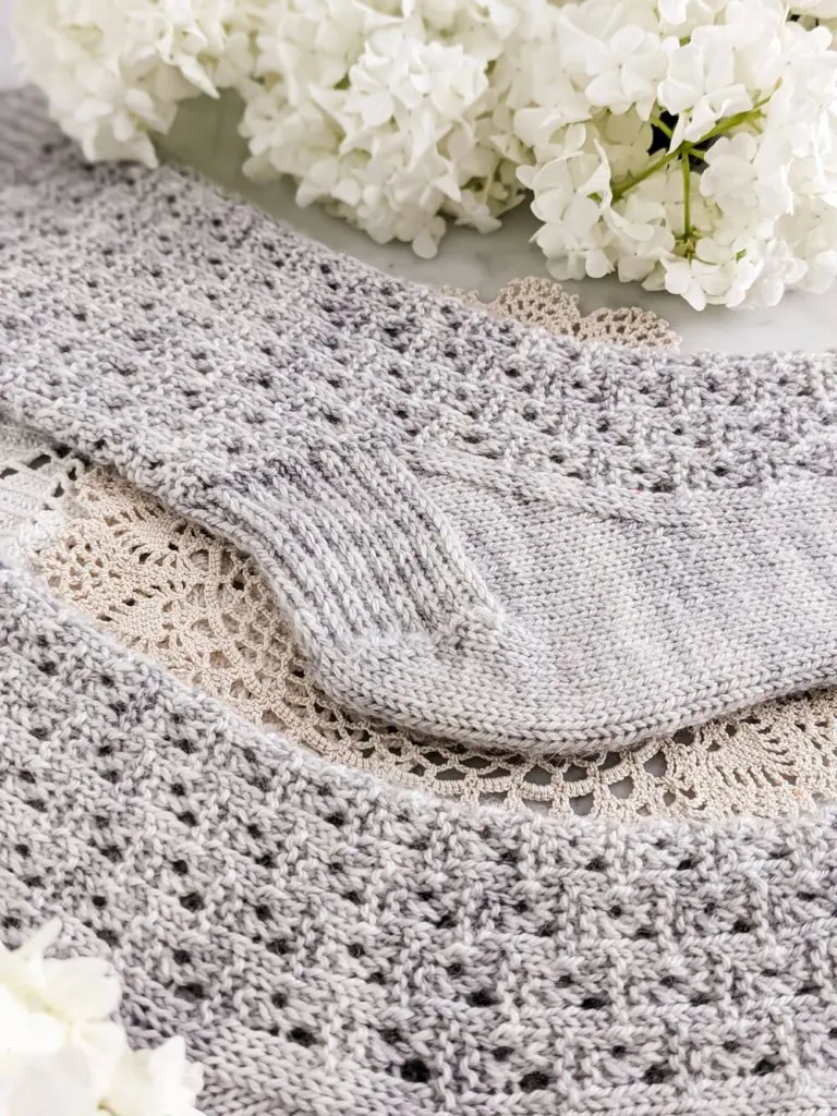 A close-up on the heel flap and gusset of this free sock knitting pattern.