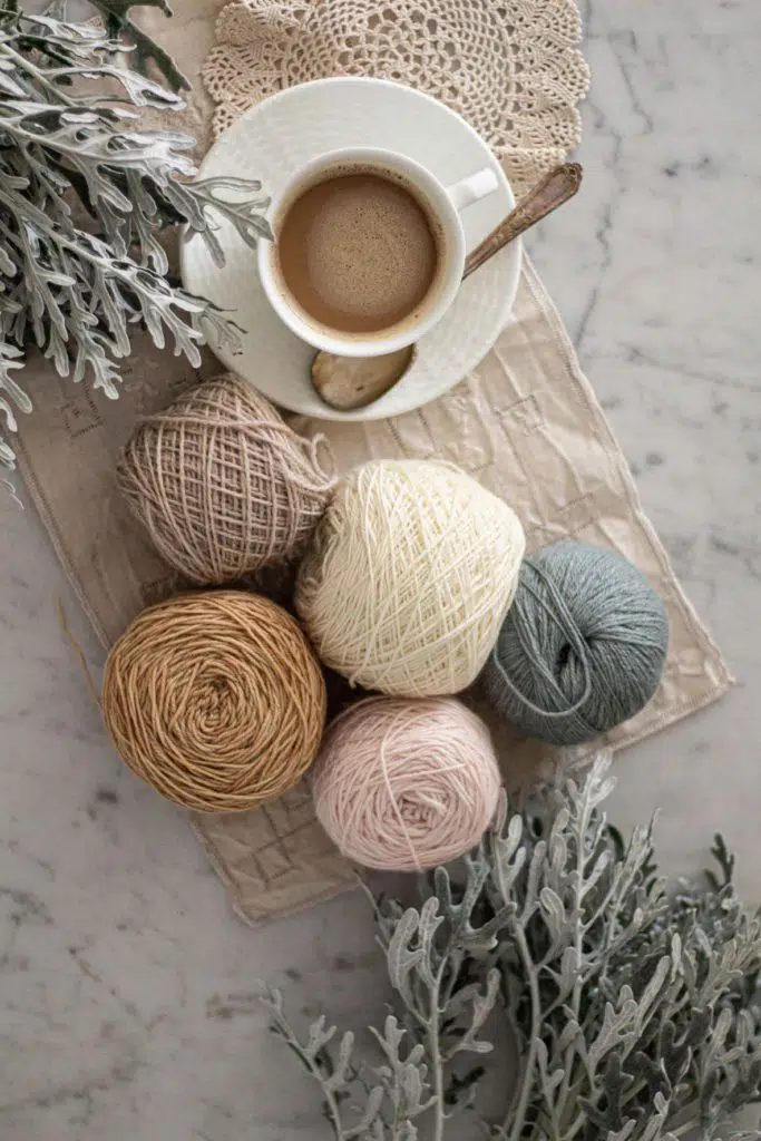 A top-down photo of five balls of yarn in light blue, pale pink, white, a warm tan, and a cool tan. They are surrounded by dusty miller and a white teacup filled with coffee.