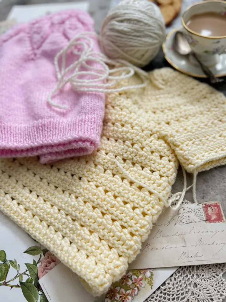 A zoomed-in image of a pale yellow crocheted child's sweater. In the background is a pink knit child's sweater folded in half and a cream-colored ball of yarn. They're surrounded by a teacup full of coffee and antique paper ephemera.