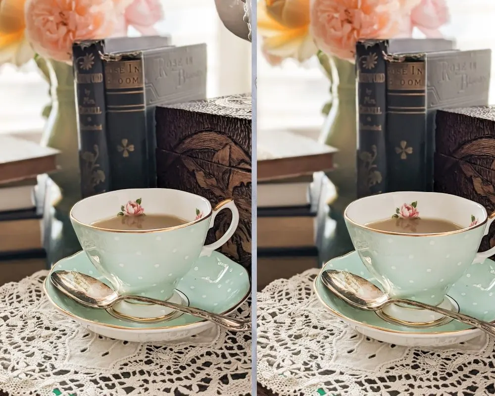 Two slightly different images of a mint green teacup in front of antique books. The one on the left is a little crooked, while the one on the right is straightened. Framing your photograph by straightening the lines will help the viewer feel safe and comfortable.