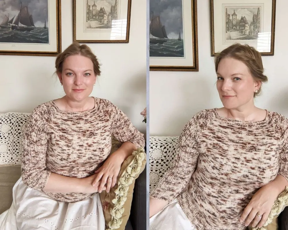 Two pictures of me wearing a speckled brown, burgundy, and cream raglan sweater. On the left, I am facing the camera straight-on, but my posture is hunched. On the right, I am facing the camera in 3/4 profile with straighter posture. When photographing your knits while sitting down, it helps to know little tricks to counteract your furniture's effects on your normal posture.