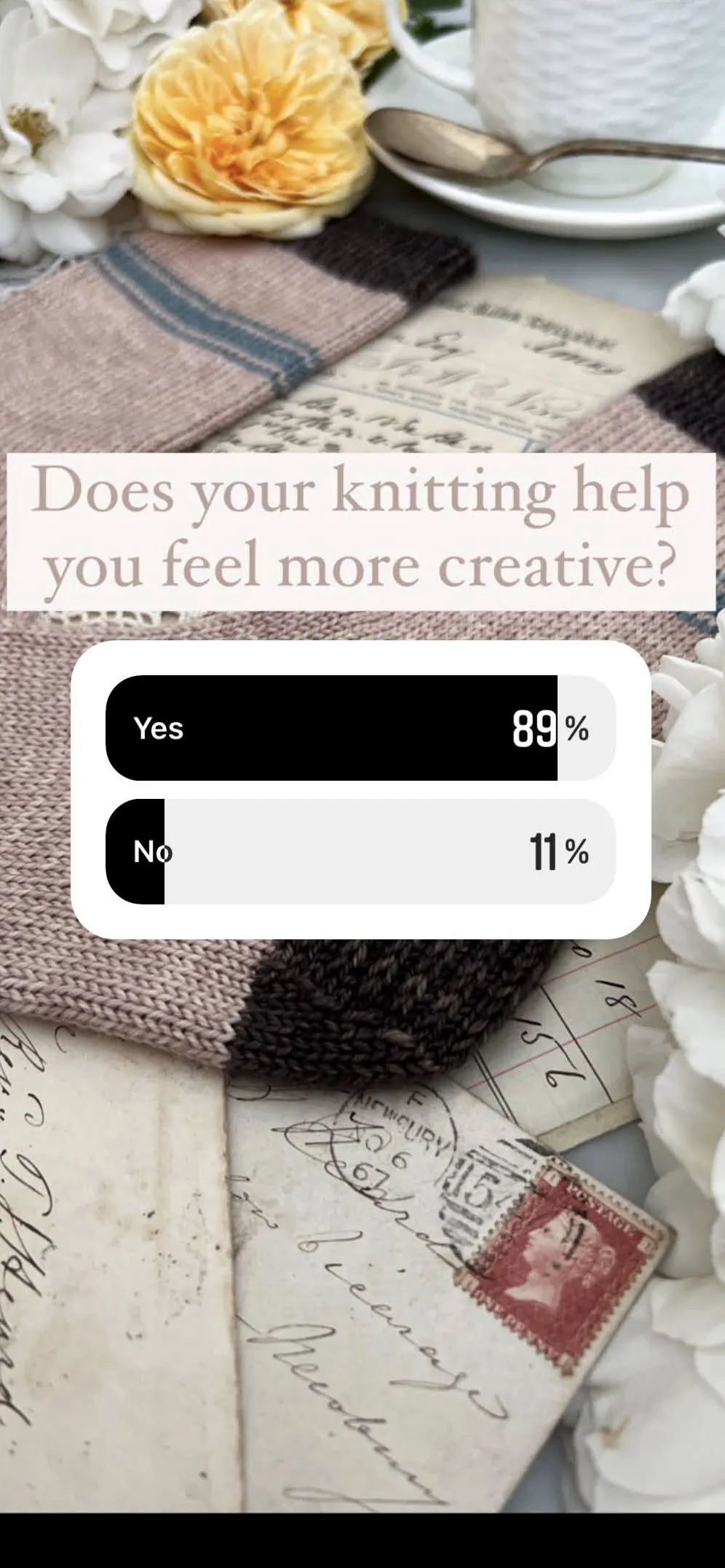 A screenshot of an Instagram story with text reading, "Does your knitting help you feel more creative?" A bar graph of responses shows 89% said yes and 11% said no.