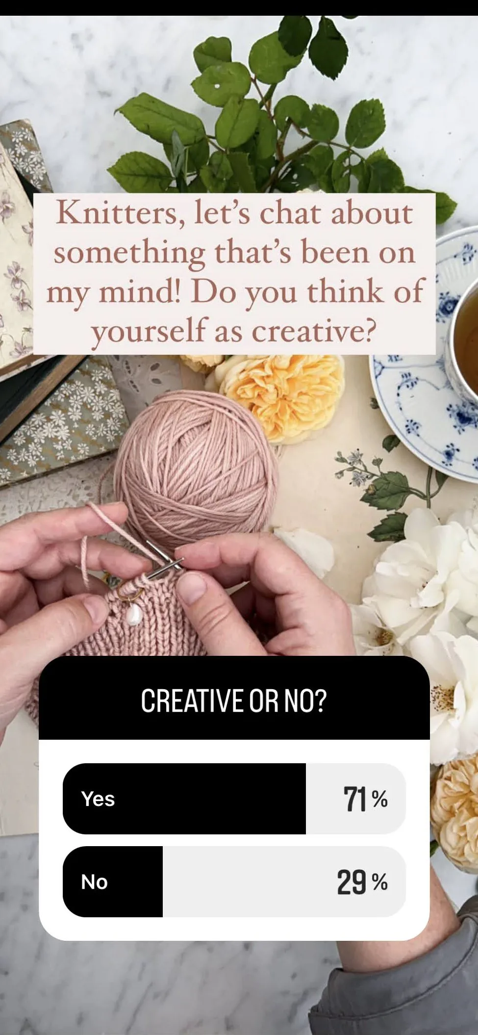 A screen shot of an Instagram story that says, "Knitters, let's chat about something that's been on my mind! Do you think of yourself as creative?" A bar graph of responses shows 71% said yes, but 29% said no.