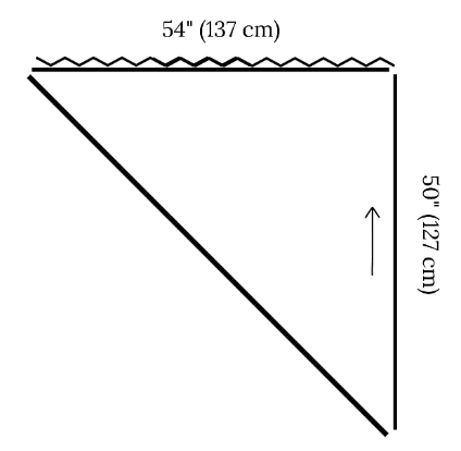 A schematic of the Grandmillennial Shawl showing that it's knit from one point outward with 50" of rows and 54" of stitches in width. There is a zig-zag ruffle along the top edge.