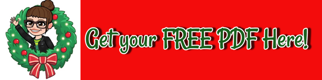 A banner with a drawing of a woman with brown hair in a bun and black square glasses waving from inside a holiday wreath. The banner says, "Get your free PDF here!"