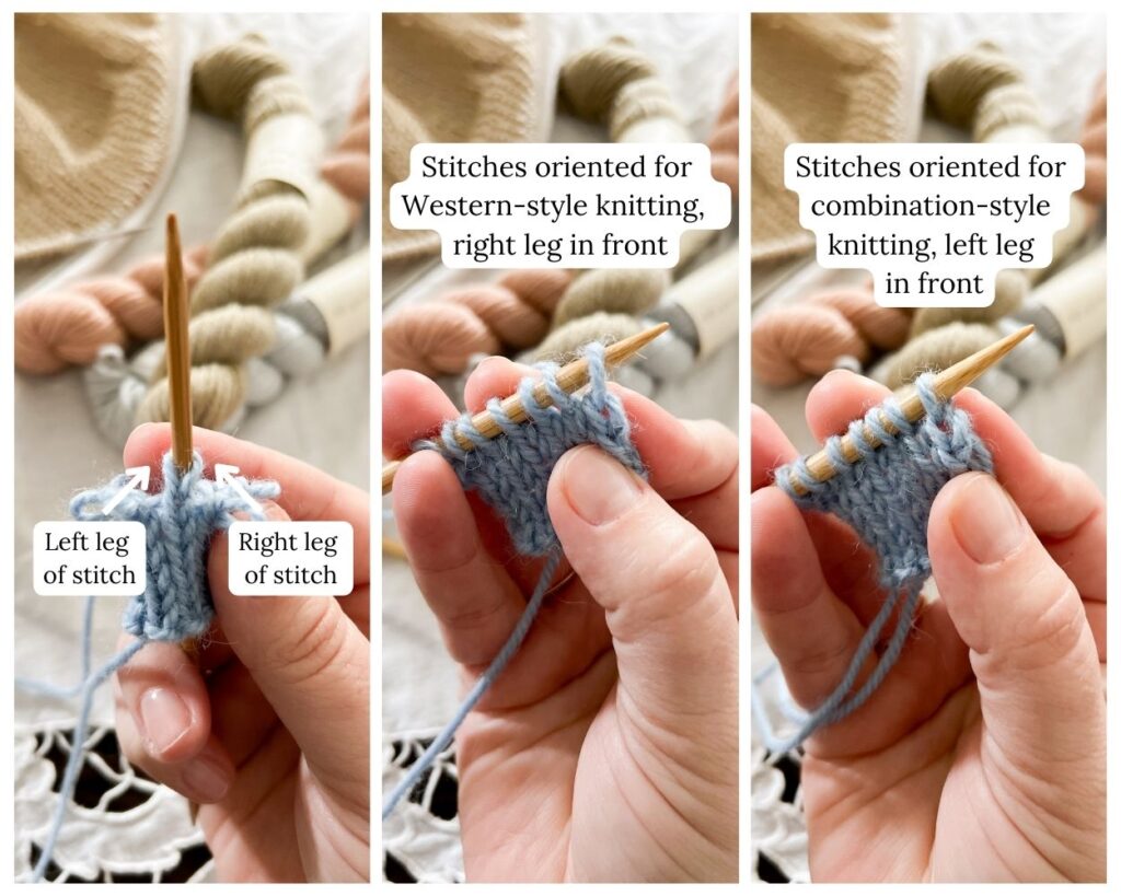 A photo collage showing (1) the left leg and right leg of a stitch, zoomed in; (2) stitches oriented for western-style knitting with the right leg in front; and (3) stitches oriented for combination-style knitting, with the left leg in front