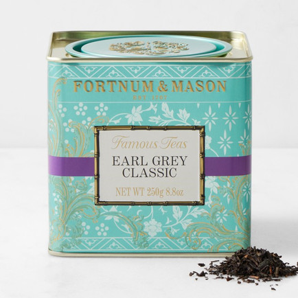 A teal tin of Fortnum and Mason tea