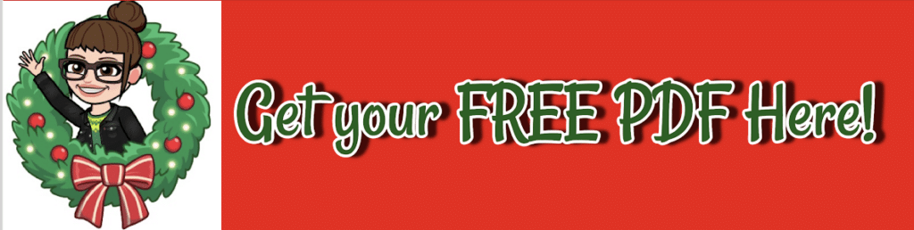 A larger banner with green text on a red background that says "Get your FREE PDF here!" Next to it is a drawing of a woman with brown hair in a bun and wearing glasses, surrounded by an illustrated wreath.