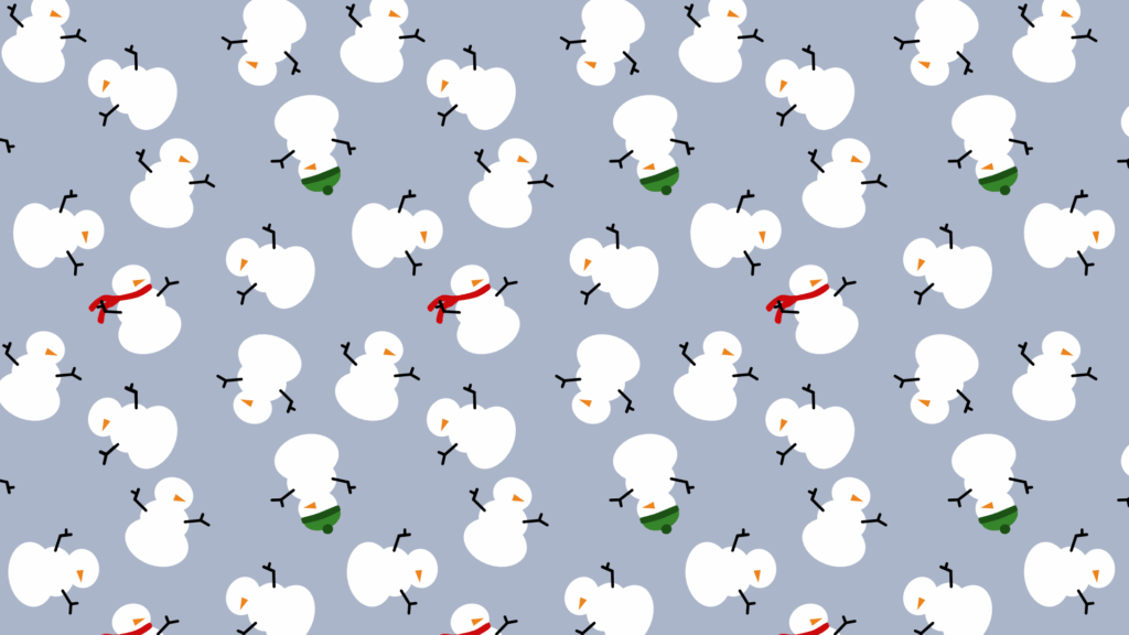 A desktop computer background featuring little white snowmen at lots of different angles. Some are wearing green hats or red scarves.