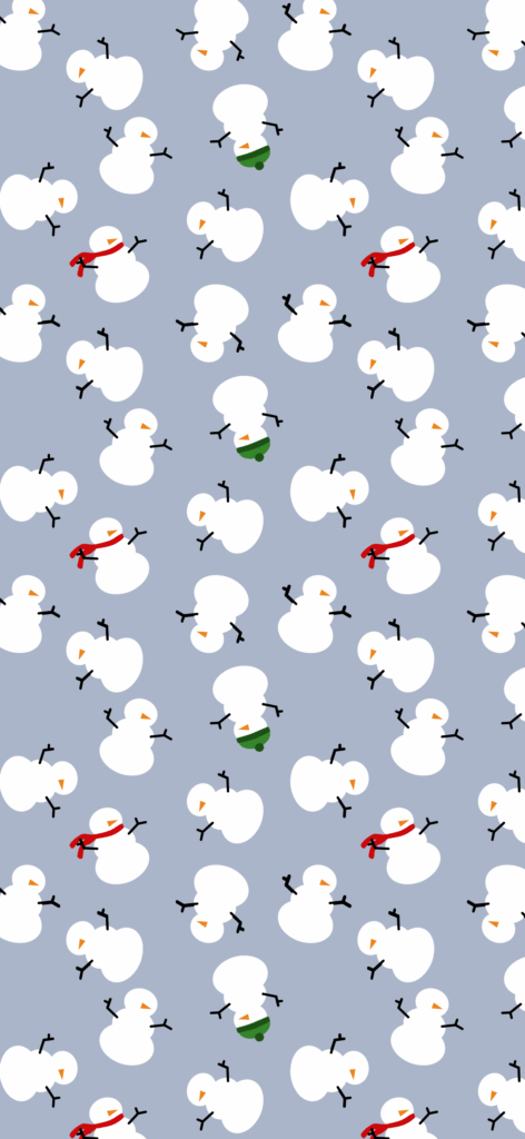 A mobile phone background featuring little white snowmen at lots of different angles. Some are wearing green hats or red scarves.