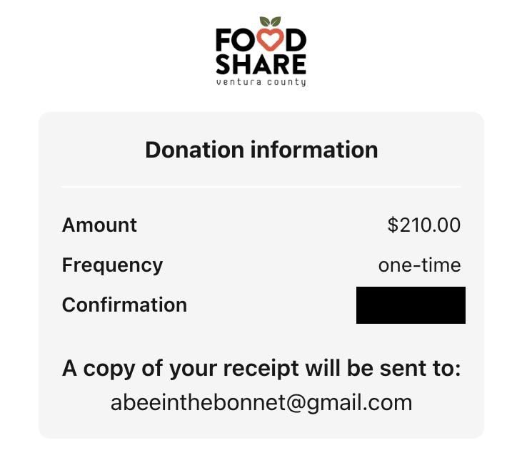 A screenshot showing a confirmation for a donation in the amount of $210 to Food Share of Ventura County