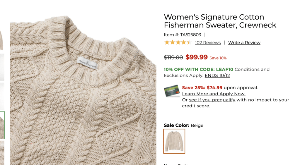 A screenshot of a cable knit sweater for sale on LL Bean's website.